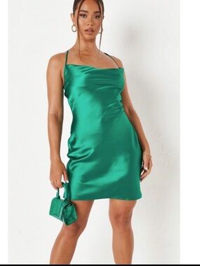 Emerald Satin Cowl Neck Slip Dress